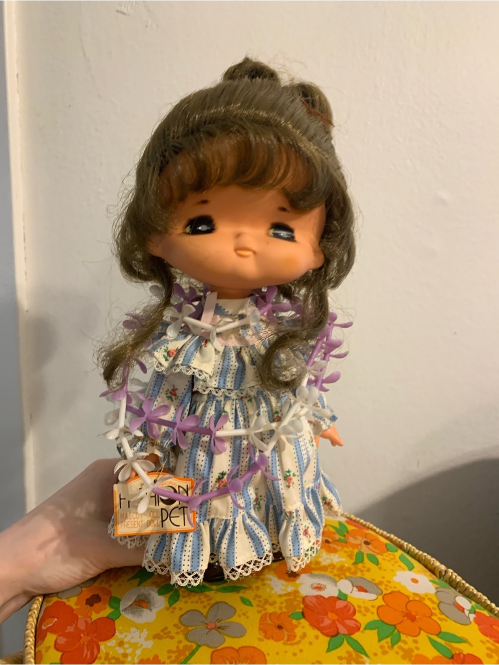 Rare animeVintage Girl Doll in Blue & White Striped Dress with Purple Flower Lei